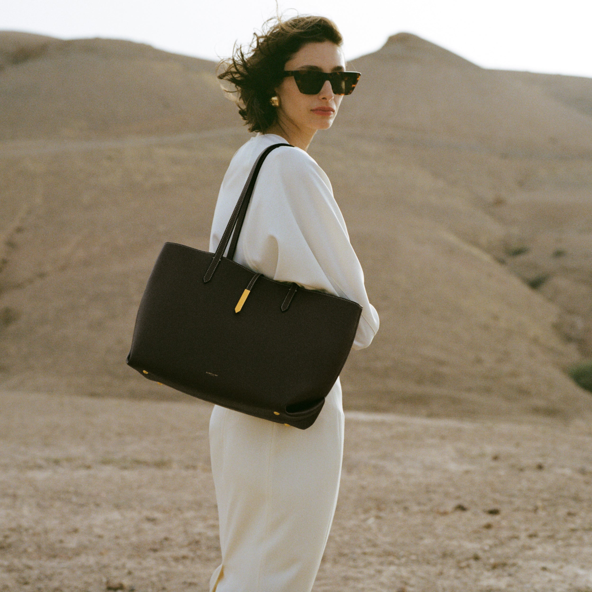 The Tokyo Tote - black small grain ecru stitching
